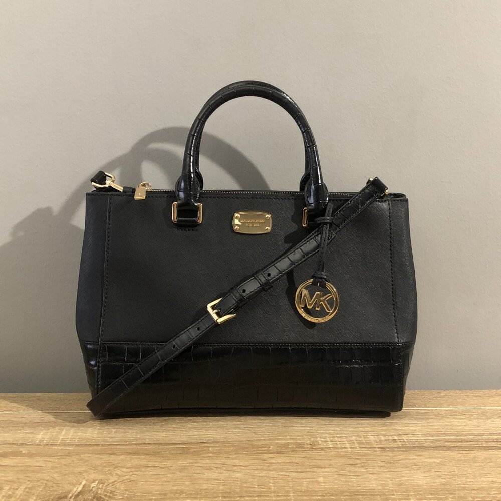 Michael Kors Kellen Black Embossed Leather Medium Satchel Luggage Handbag